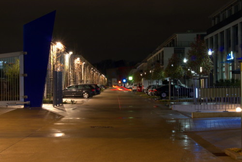 Das Bild zeigt eine Straße bei Nacht, rechts und Links parken Autos zwischen den Bäumen, man sieht die Rücklichter von einem Auto, auf beiden Seiten sind laternen, rechts stehen moderne Häuser