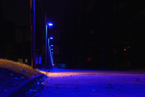Das Bild zeigt eine blau beleuchtete Straße auf dem Gelände der Zeche Zollverein