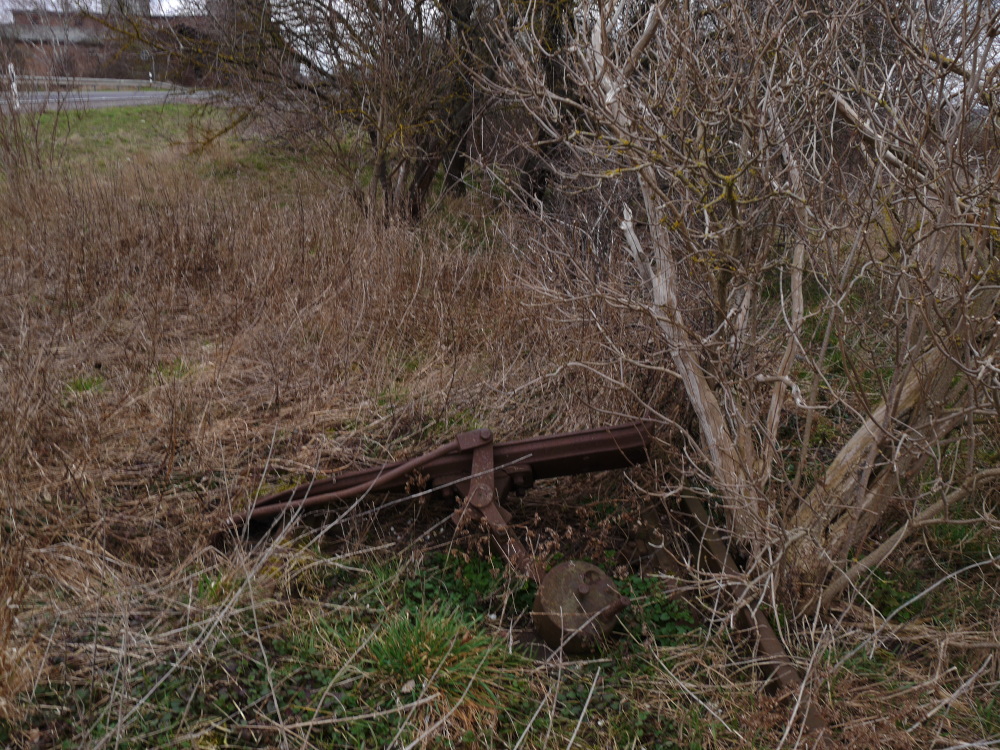 Ein altes, verrostetes Weichengestänge welches im Gestrüp liegt. Man sieht überwucherte Reste der Gleise.