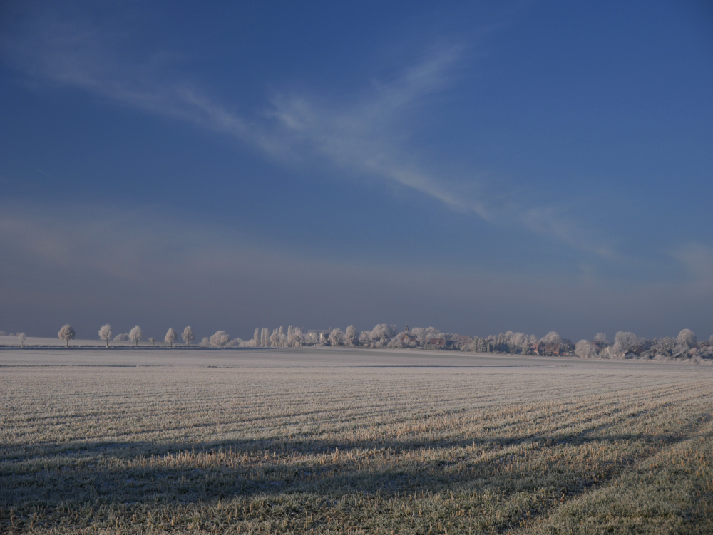 Ds Foto zeigt eine winterliche Landschaftsaufnahme unter strahlend blauem Himmel, man sieht wie die Felder, die Bäume und das Dorf im Hintergrund mit Reif überzogen sind, am Himmel sind nur wenige Wolken erkennbar.