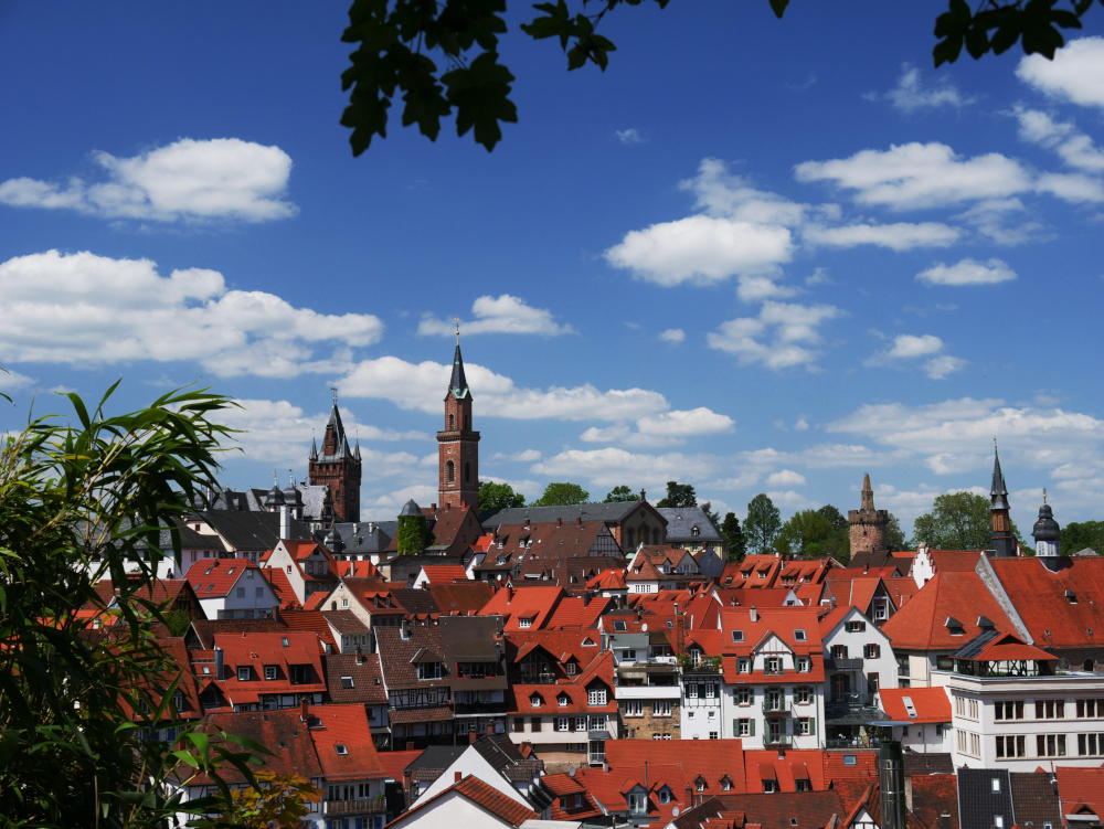 Das Foto zeigt eine Landschaftsaufnahme von Dächern der Stadt Weihnheim, Türmen von Schloß und Kirche und darüber blauer Himmel mit schönen weißen Wolken.