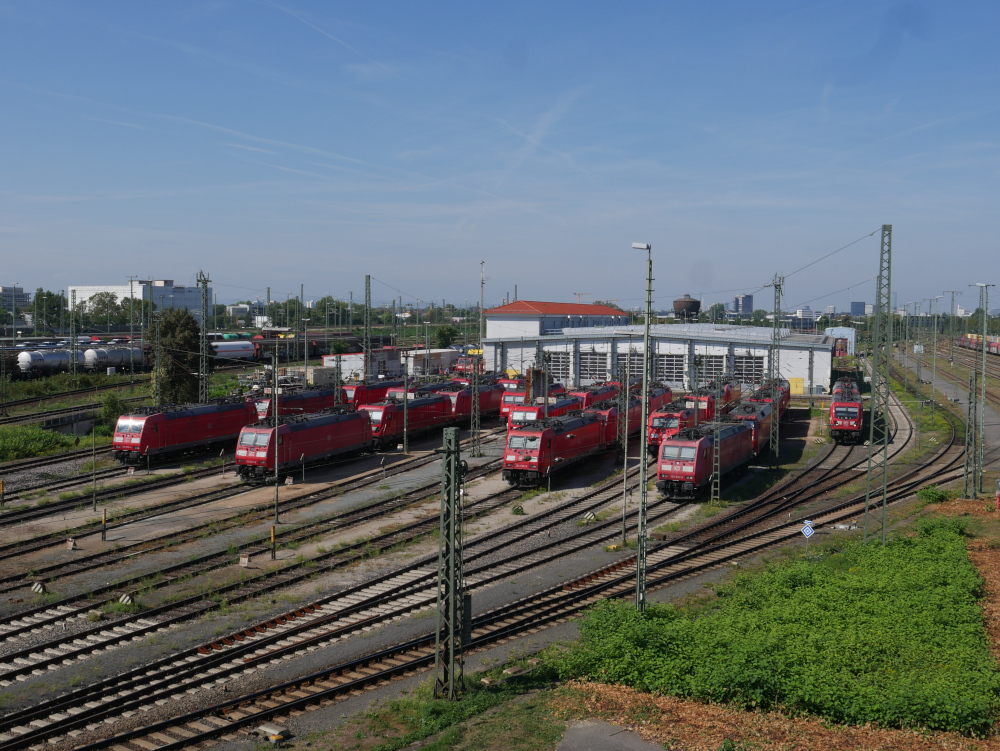 Die Landschaftausfnahme an der Instandsetzungshalle in Mannheim. Man sieht eine große Zahl roter Elektrolokomotiven vor einer weißen Werkstatthalle, links davon sind GÜterwagen auf den Abstellanlagen erkennbar.