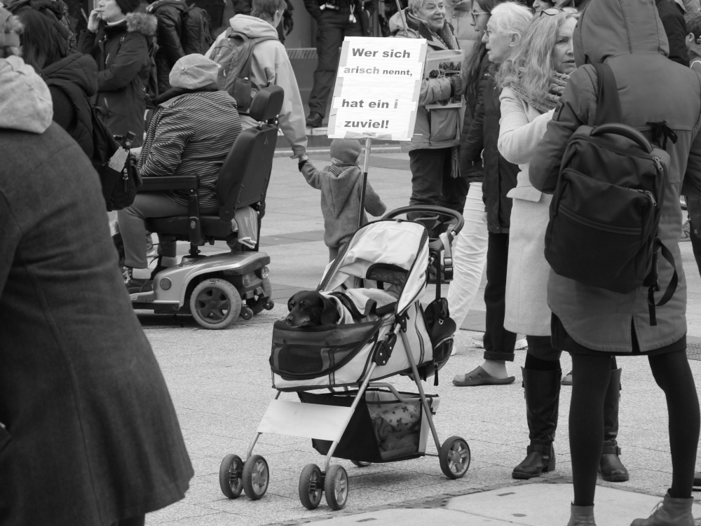 Das s/w-Foto wurde bei einer Demo gegen Rechtsextremismus und Fremdenhass am 03.02.2024 in Ludwigshafen aufgenommen. Es zeigt ein an einem Hunde-Transportwagen befestigtes Schild mit der Aufschrift "Wer sich arisch nennt, hat ein i zuviel!"