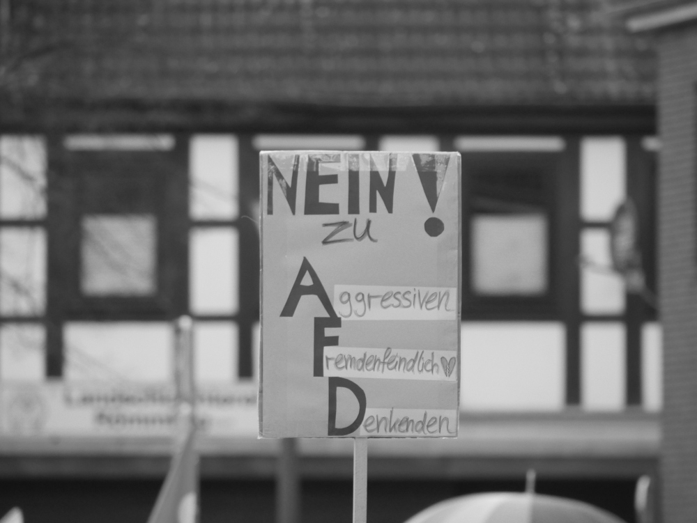 Das s/w-Foto stammt von einer Demo für Demokratie und gegen Rechtsextremismus. Es zeigt ein Plakat in der Aufmachung der AfD mit dem Inhalt "Nein zu aggressiven fremdenfeindlih Denkenden"