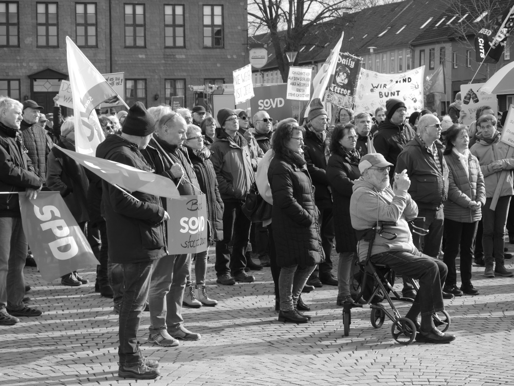 Das s/w-Foto stammt von einer Demo für Demokratie und gegen Rechtsextremismus. Es zeigt die Teilnehmenden mit vielen bunten Schildern, SPD und SOVD-Flaggen.