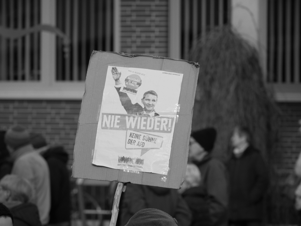 Das s/w-Foto stammt von einer Demo für Demokratie und gegen Rechtsextremismus. Es zeigt ein Schild mit dem Konterfei des AfD-Politkers Höcke und dem Imhalt "Nie wieder! Keine Bühne der AfD - Rassismus ist keine Alternative"
