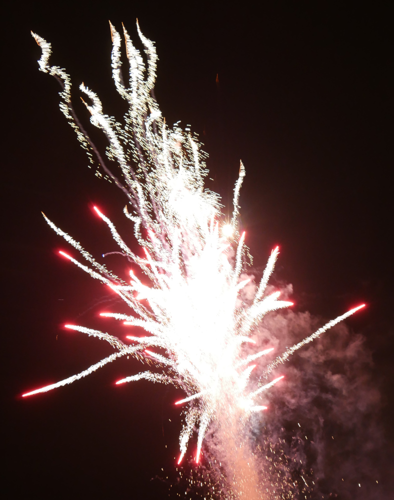 Das Foto zeigt Feuerwerksexplosionen mit vielen wegstrebenden Raketen am Himmel
